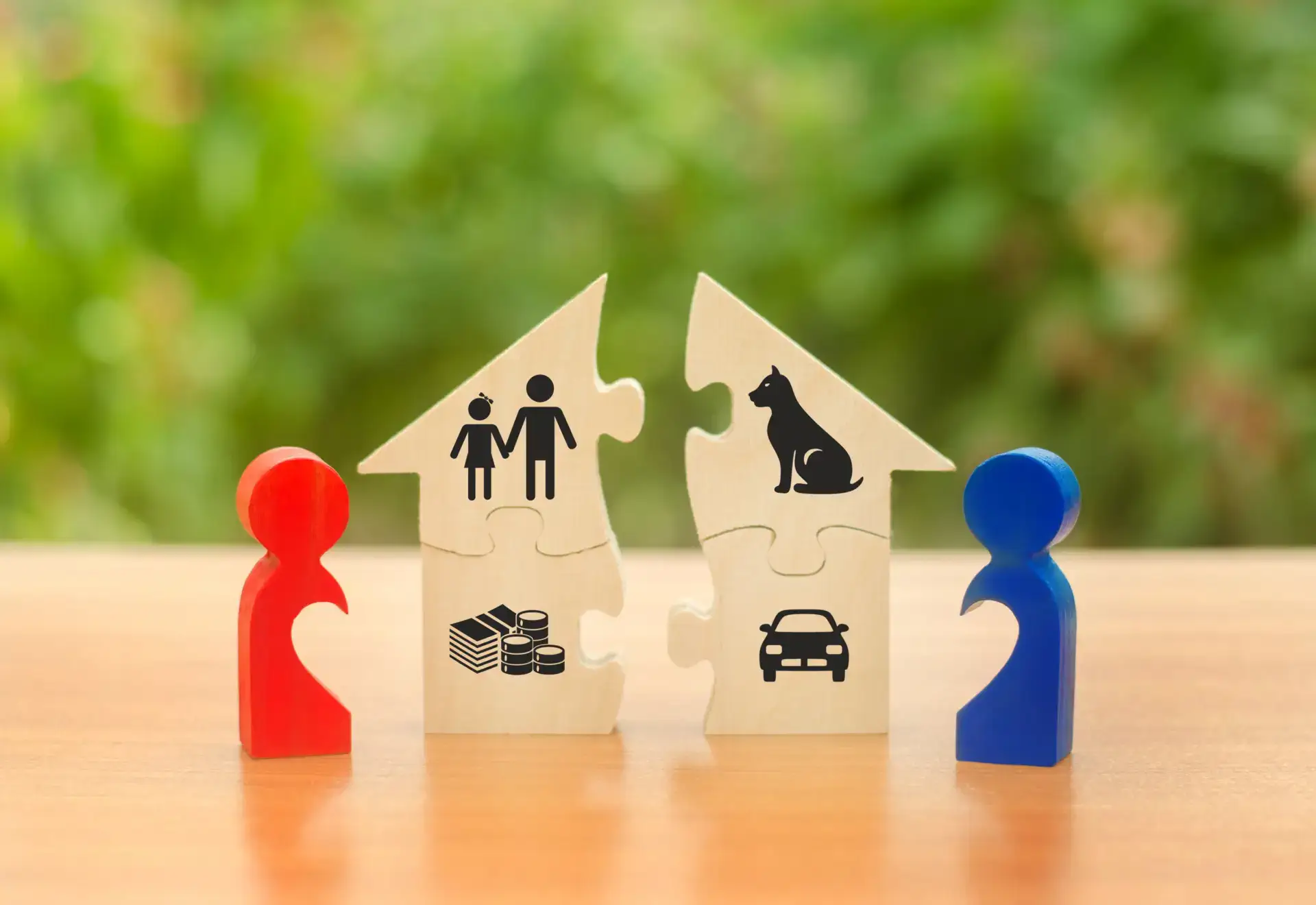 A separated couple represented in blocks with matrimonial assets placed between them, reflecting the division of matrimonial assets in Singapore.